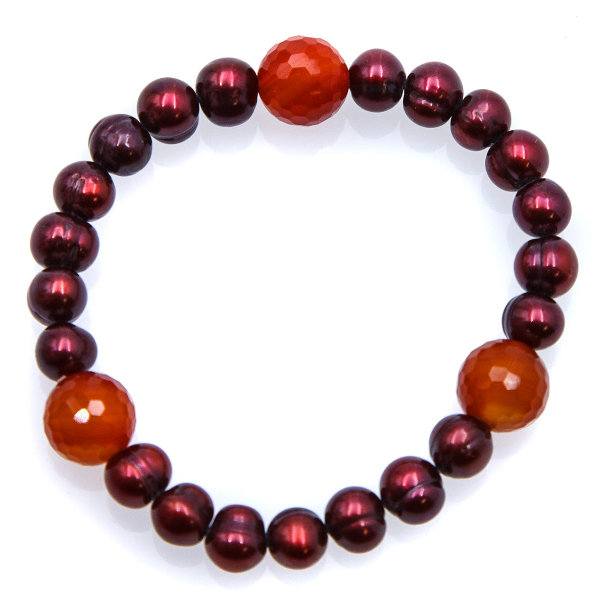 FPB1395-01: Stretch Bracelet 6mm Wine Freshwater Pearl & 12mm FC Carnelian