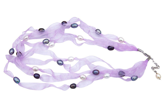 FPN1595-01: Pearl Ribbon Necklace Lavender 18-22Inch