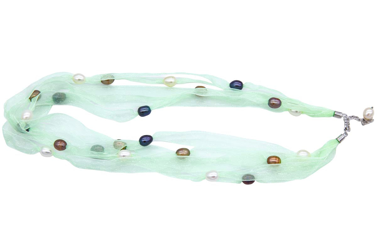 FPN1595-03: Pearl Ribbon Necklace Spring Green 18-22Inch