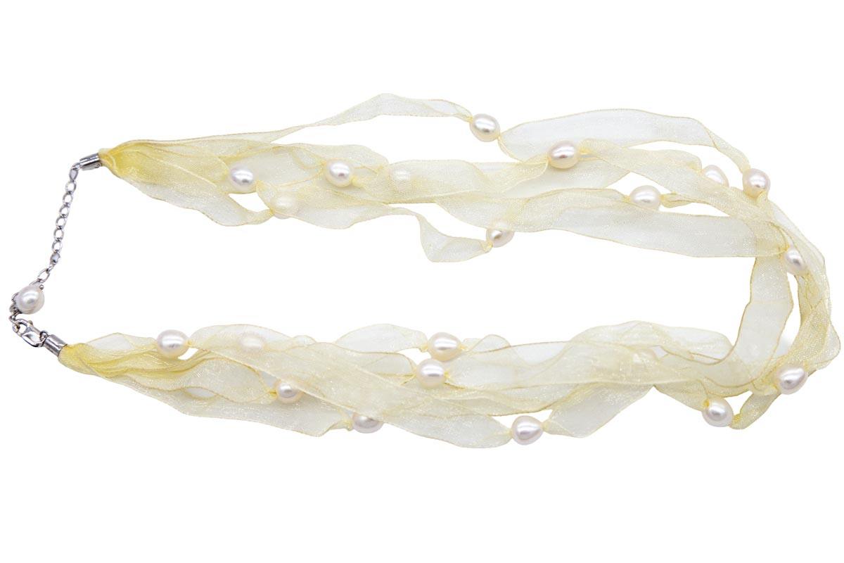 FPN1595-04: Pearl Ribbon Necklace ButterCream w/White 18-22Inch