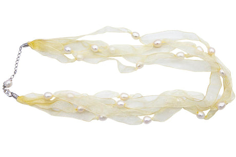 FPN1595-04: Pearl Ribbon Necklace ButterCream w/White 18-22Inch