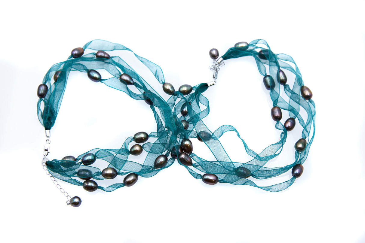 FPN1795-1: Pearl Ribbon Necklace/Bracelet Forest w/DK Iris