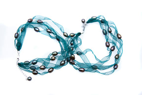 FPN1795-1: Pearl Ribbon Necklace/Bracelet Forest w/DK Iris