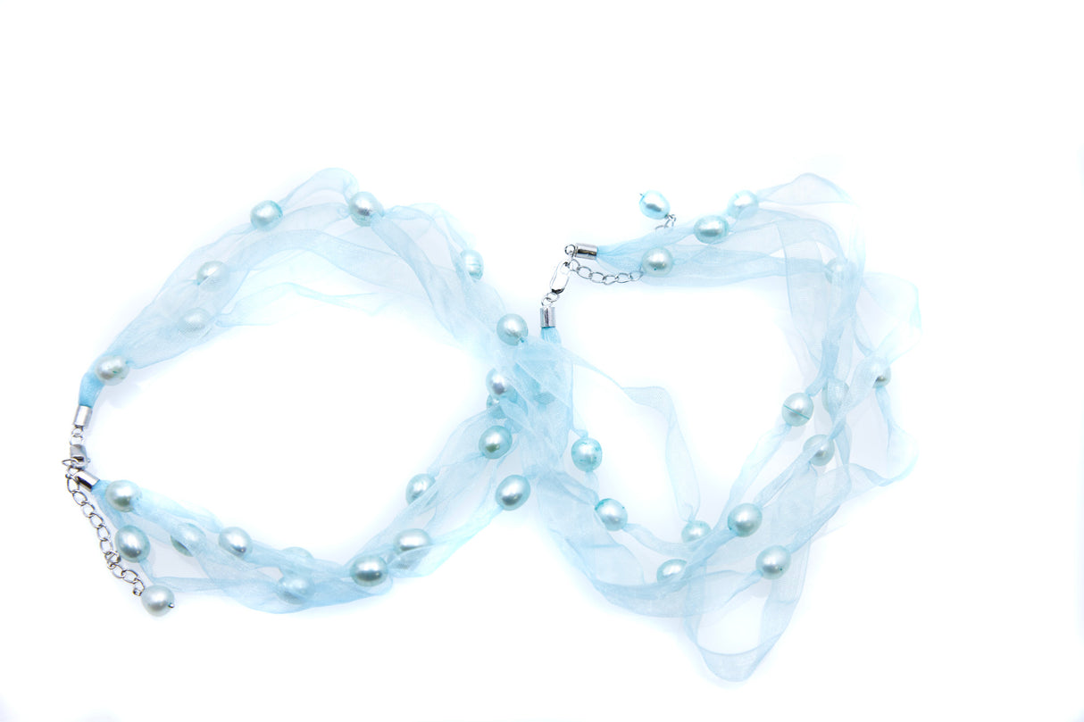 FPN1795-10: Pearl Ribbon Necklace/Bracelet Aqua w/Lt. Blue