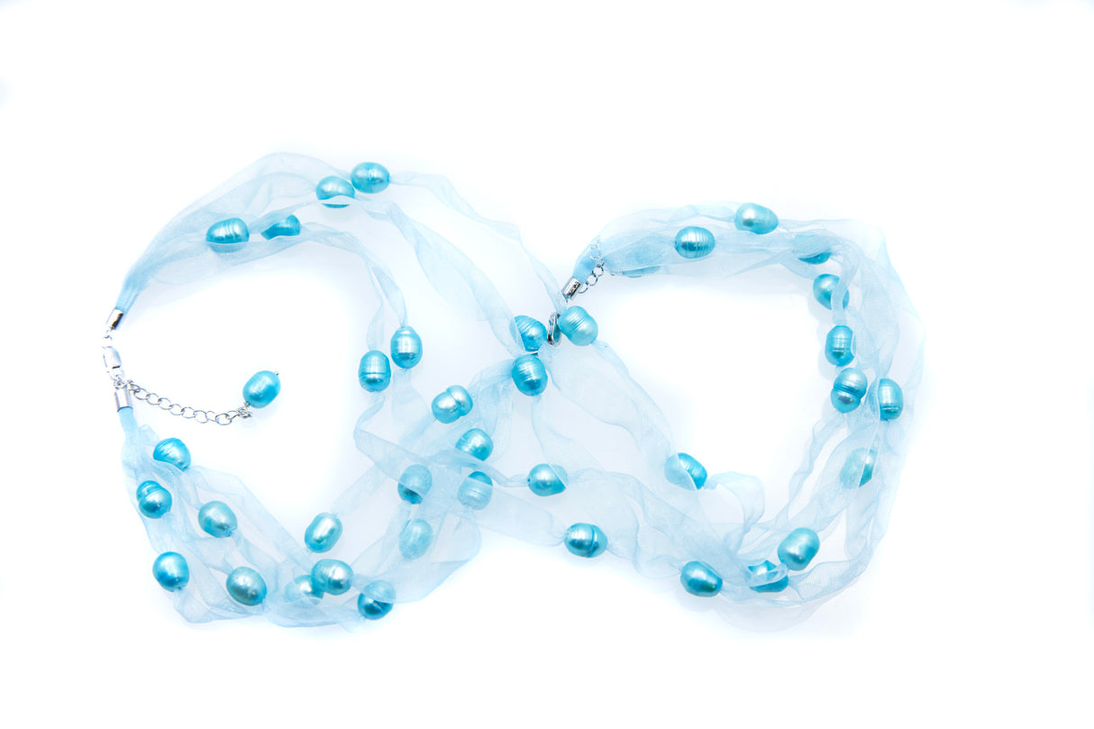 FPN1795-11: Pearl Ribbon Necklace/Bracelet Aqua w/Aqua