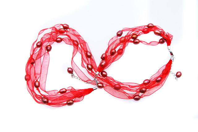 FPN1795-12: Pearl Ribbon Necklace/Bracelet Red w/Copper