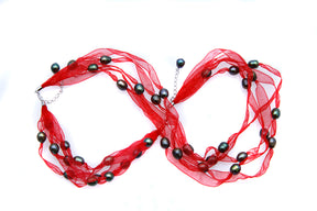 FPN1795-13: Pearl Ribbon Necklace/Bracelet Red w/Green Iris