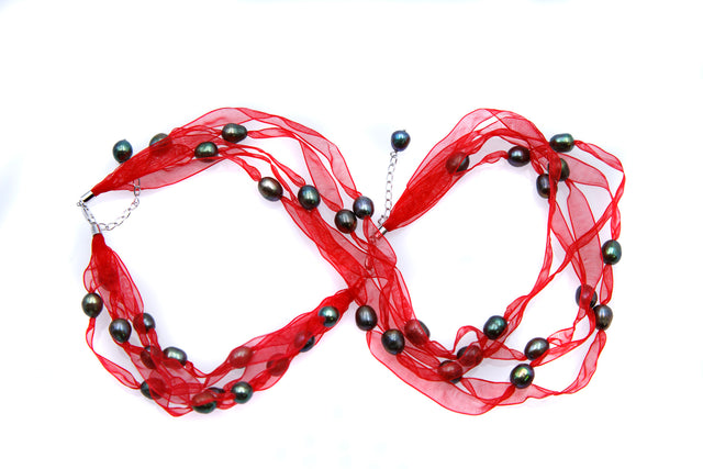 FPN1795-13: Pearl Ribbon Necklace/Bracelet Red w/Green Iris