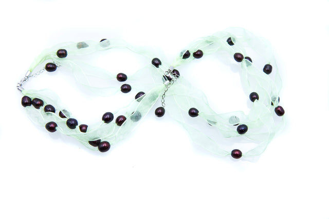 FPN1795-14: Pearl Ribbon Necklace/Bracelet Spring Green w/Burgundy