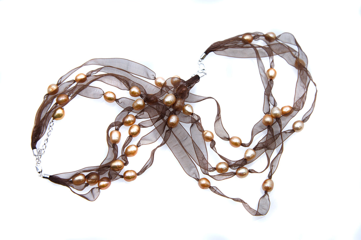 FPN1795-15: Pearl Ribbon Necklace/Bracelet Dk Brown w/Champagne Pearl