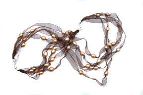 FPN1795-15: Pearl Ribbon Necklace/Bracelet Dk Brown w/Champagne Pearl