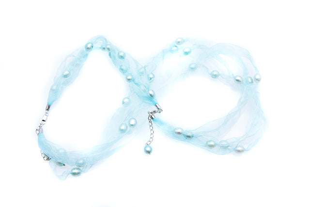 FPN1795-16: Pearl Ribbon Necklace/Bracelet Robbin's Egg Blue