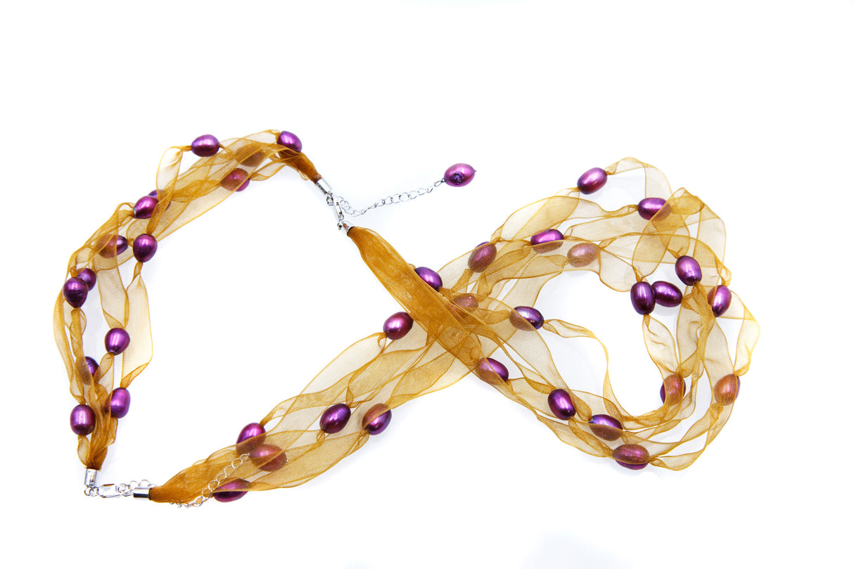 FPN1795-3: Pearl Ribbon Necklace/Bracelet Gold w/Purple