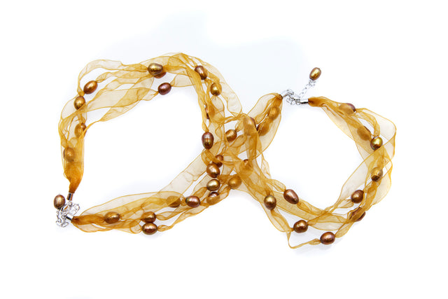 FPN1795-4: Pearl Ribbon Necklace/Bracelet Gold w/Topaz