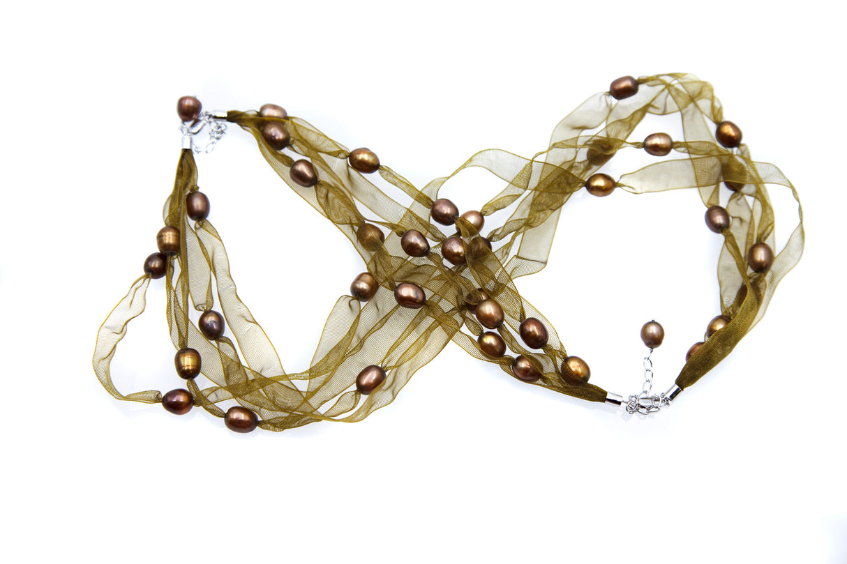 FPN1795-5: Pearl Ribbon Necklace/Bracelet Olivine w/Brown Iris