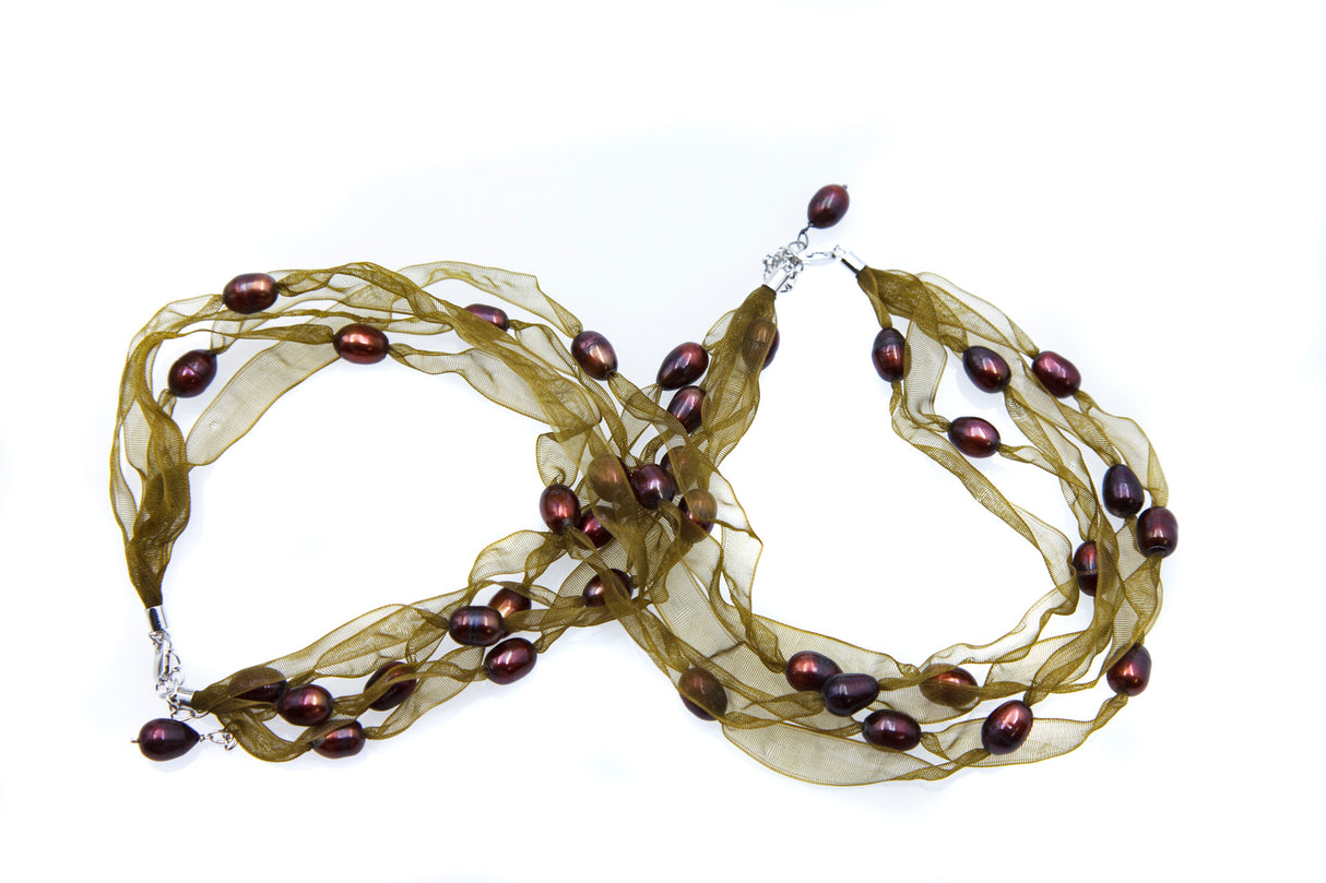 FPN1795-6: Pearl Ribbon Necklace/Bracelet Olivine w/Burgundy