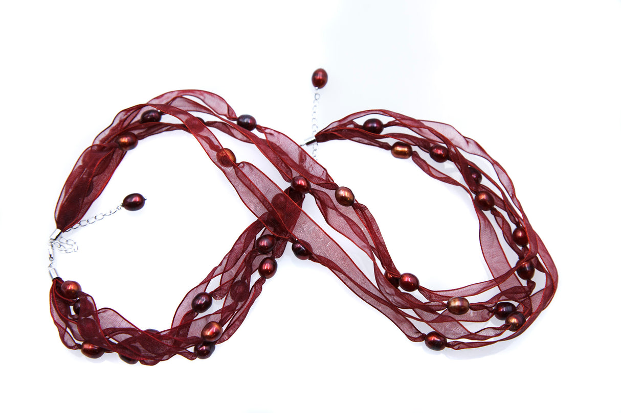 FPN1795-7: Pearl Ribbon Necklace/Bracelet Wine w/Burgundy