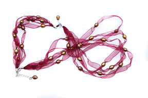 FPN1795-8: Pearl Ribbon Necklace/Bracelet Wine w/Bronze