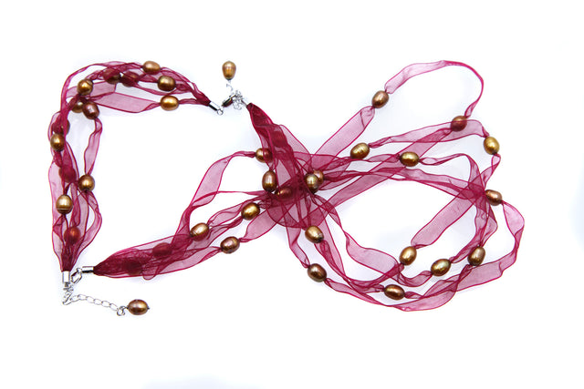 FPN1795-8: Pearl Ribbon Necklace/Bracelet Wine w/Bronze
