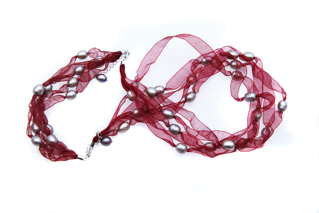 FPN1795-9: Pearl Ribbon Necklace/Bracelet Wine w/Silver