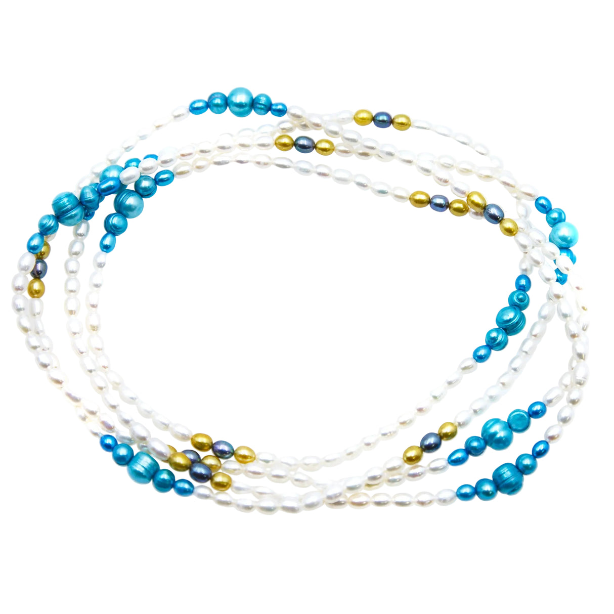 FPN3995-13: Pearl Necklace 5x7mm Rice w/7-10mm Aqua Accents 68"