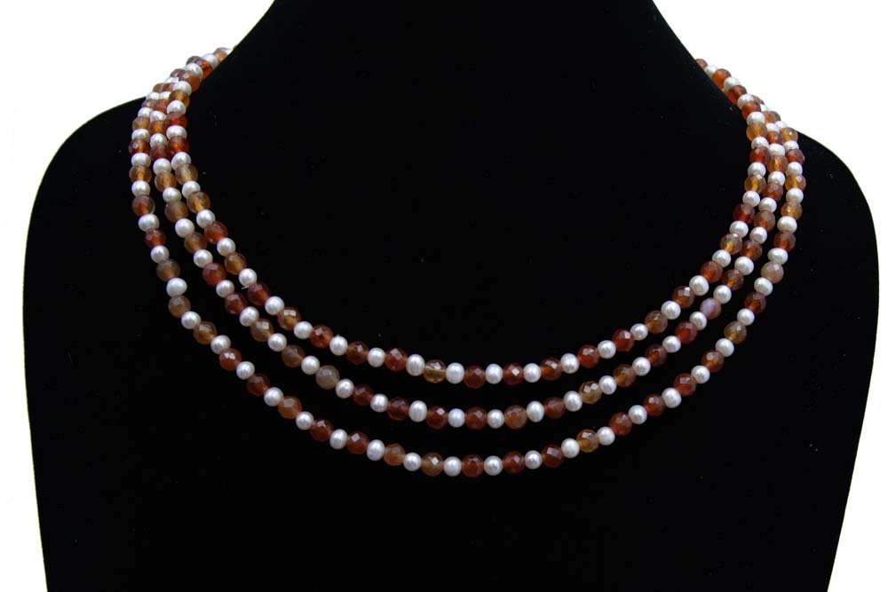 FPN3995-2: Pearl Necklace 5mm White w/6mm FC Carnelian 64-66"