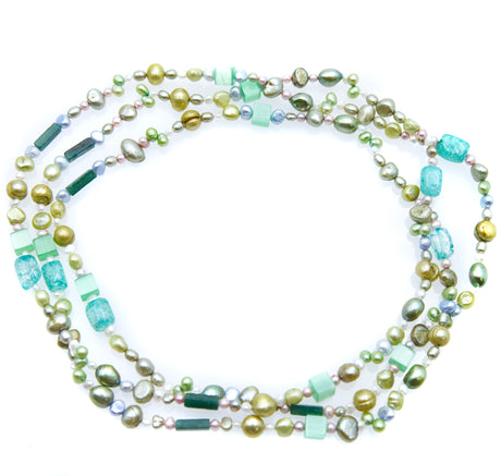 FPN3995-9: Pearl Necklace w/Stone & Fiber Optic Sea Greens Mix 60"
