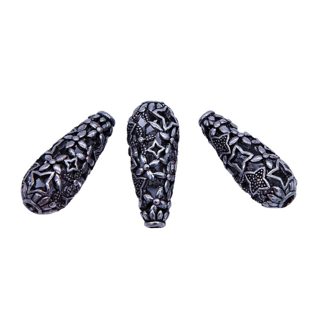 ME4172-S3: Metal Drop Bead Flower Design Silver 12x37mm-3PC