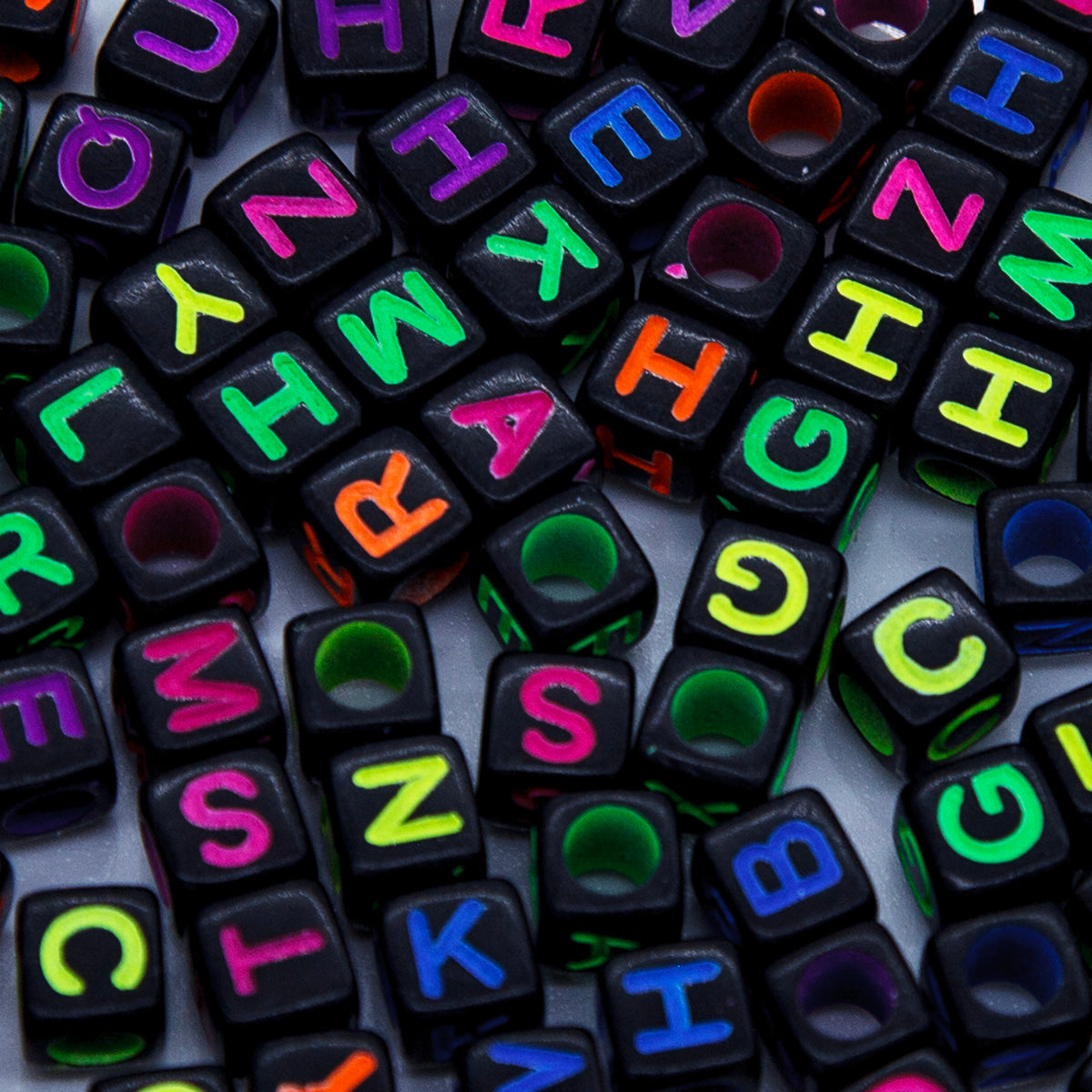PL200-24: Acrylic Alphabet Black/Multi 6x6mm 4mm Hole 100PPK