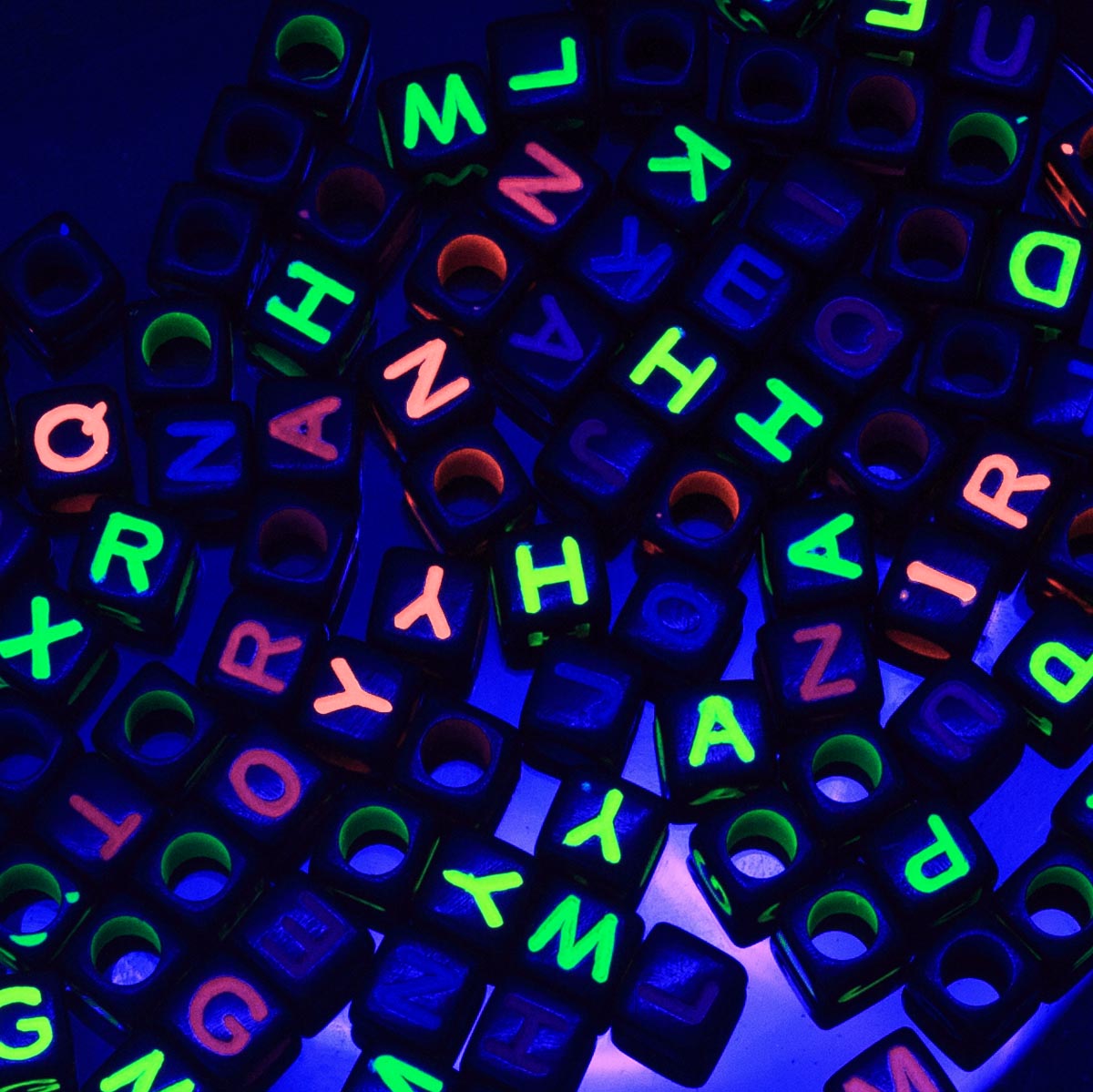 PL200-24: Acrylic Alphabet Black/Multi 6x6mm 4mm Hole 100PPK