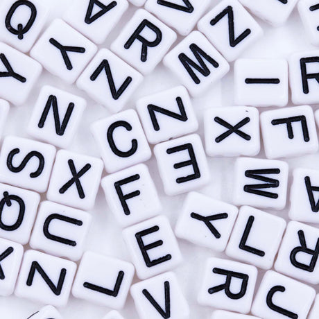 PL203-11: Acrylic Alphabet White/Black Two-Hole 8.5x7.8x4.24x7mm 100Pcs