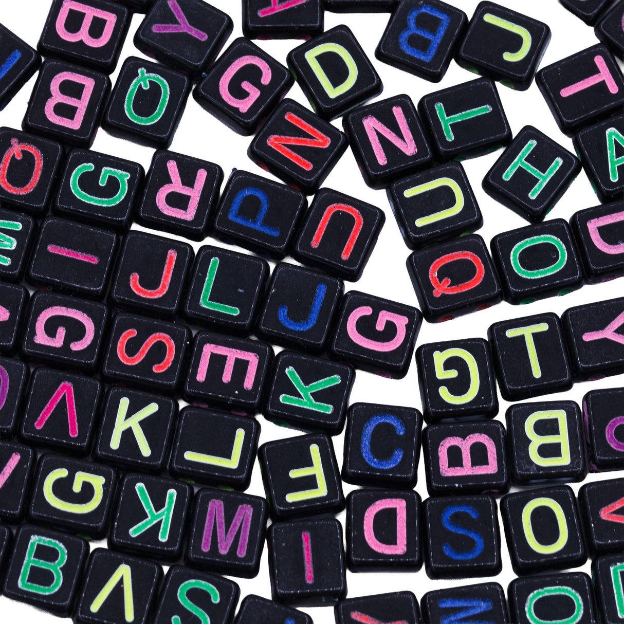 PL203-13: Black Alphabet Letter Beads with UV Reactive Letters 100Pcs