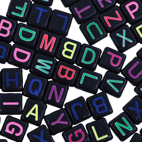 PL203-13: Black Alphabet Letter Beads with UV Reactive Letters 100Pcs