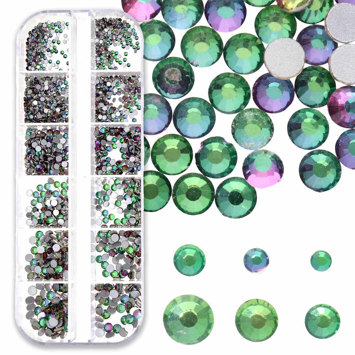 RH525-508FX: China FlatBack Rhinestone Mix Green Flame 1500PPK