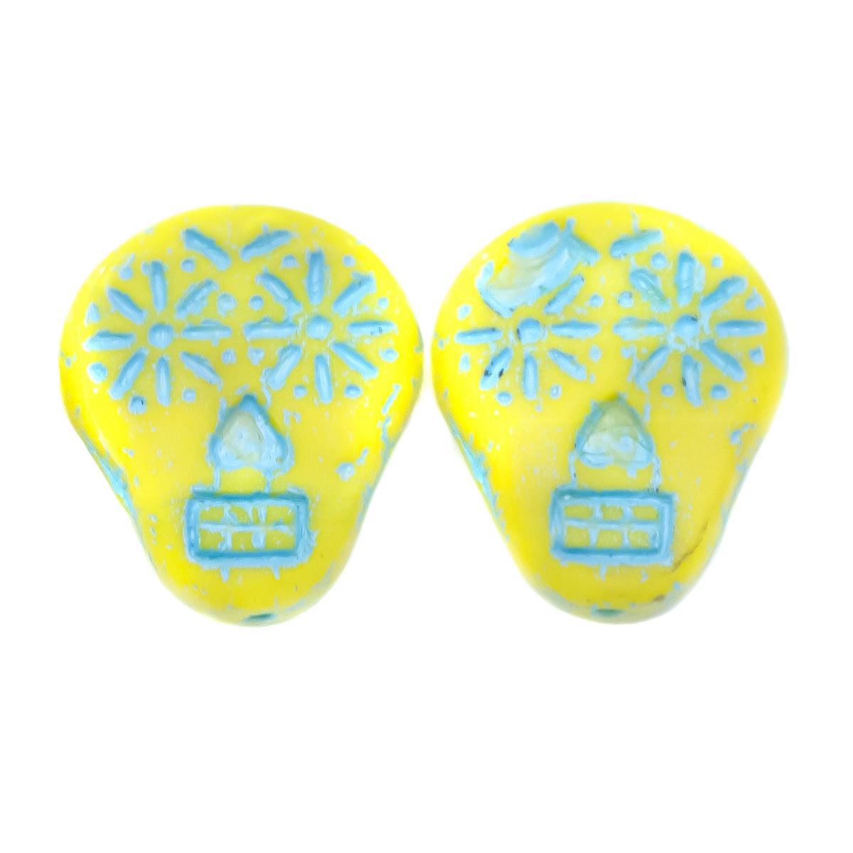 SK016: Sugar Skull - Yellow and Ice Blue 19x16mm - 10 Pc