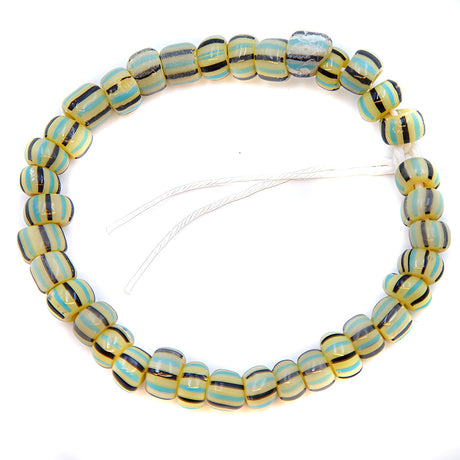 SV999-7-8IN: Ant Ven Trade Bead Greasy Yellow w/Black & Turq 8 Inch Strand