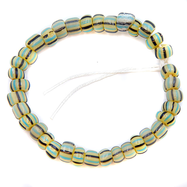 SV999-7-8IN: Ant Ven Trade Bead Greasy Yellow w/Black & Turq 8 Inch Strand
