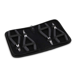 A set of four Beadalon slim line jewelry making tools with black vinyl-free grips, including chain nose pliers, bent chain nose pliers, round nose pliers, and a semi-flush cutter, displayed in a zippered black pouch.