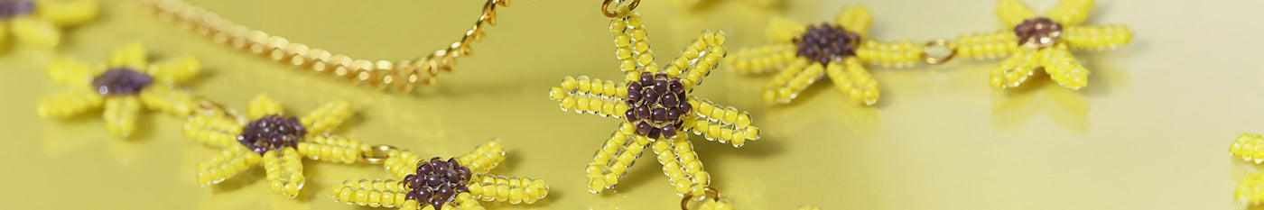 Sunflower-inspired beadwork featuring bright yellow and brown Czech seed beads, promoting the late-summer sale with 25-75% off sitewide, ending August 9, 2025.